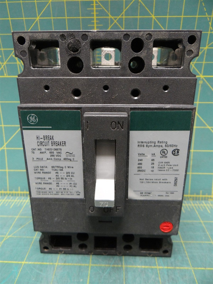 General Electric THED136070 3 Pole 70 AMPS 600 VAC 18k MAX RMS Circuit Breaker