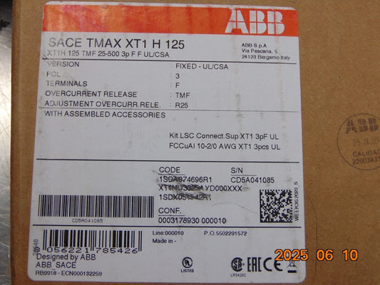 (1) ABB SACE TMAX XT1 H 125 CIRCUIT BREAKER 3-POLE 25A XT1HU3025AYD