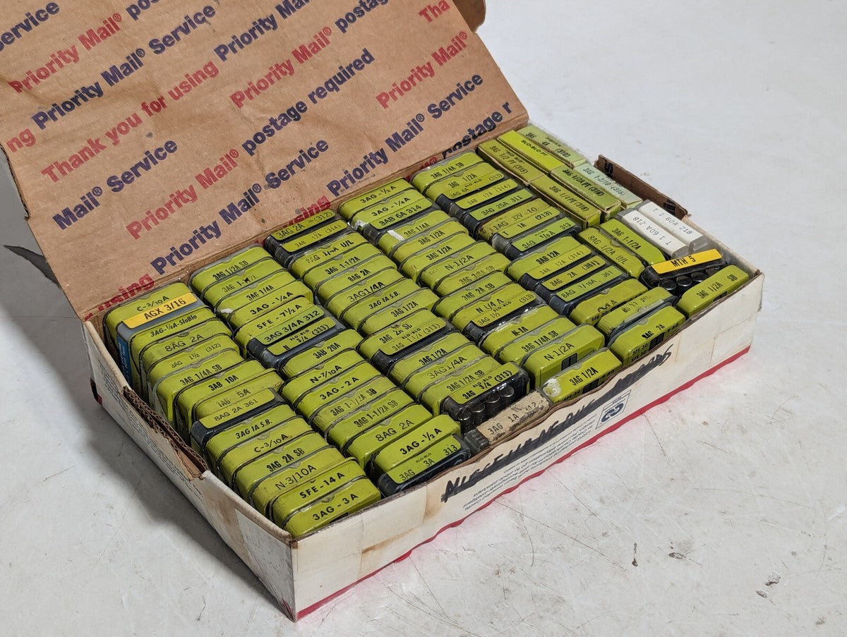 Lot of 75+ Tins of Assorted Mini-Fuses, 3AB-10A, 8AG-2A, N-1A, More