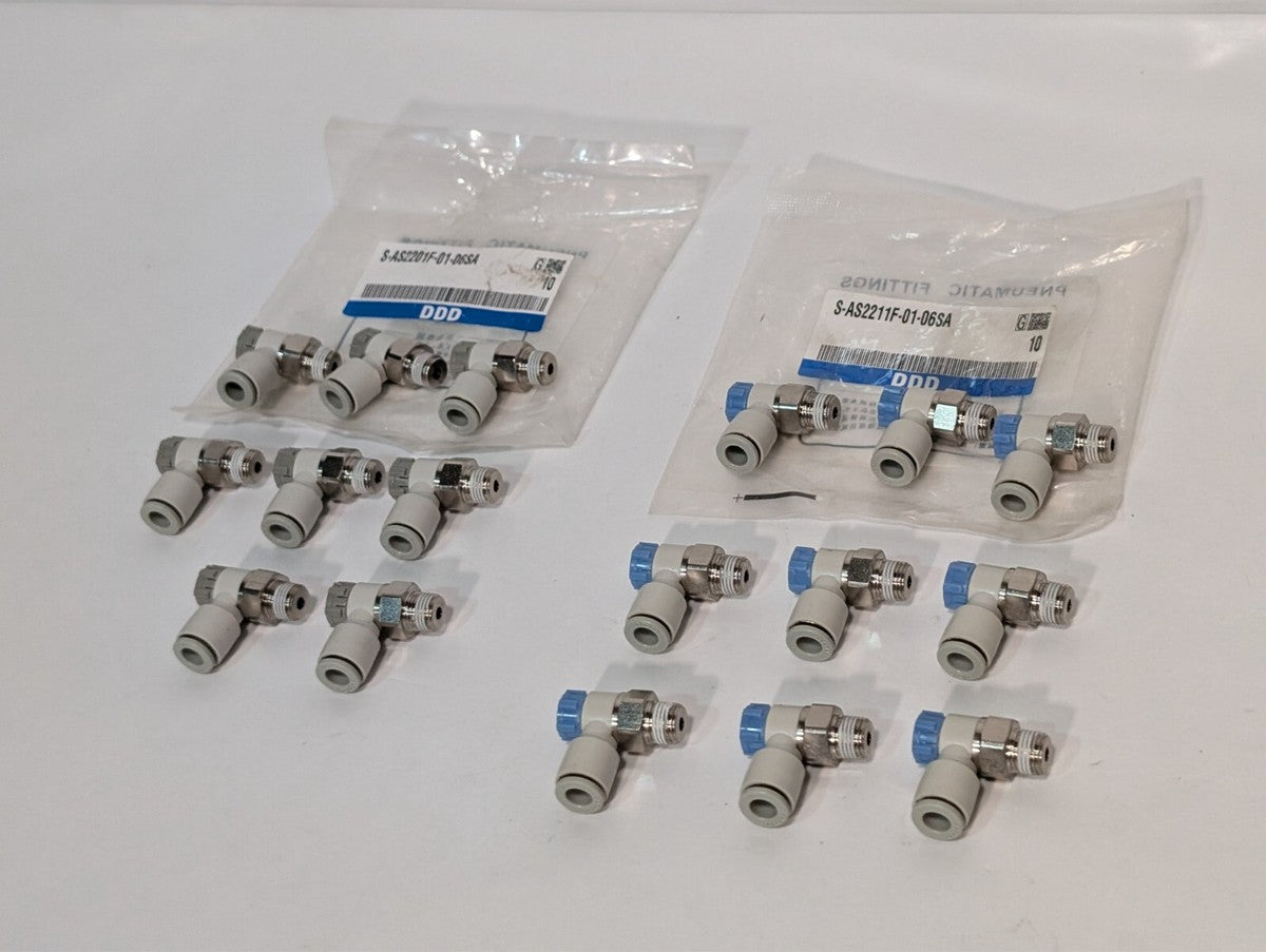 Lot of 17 DDD S-AS2211F-01-06SA speed control valves, 6mm tube, 1/8 in