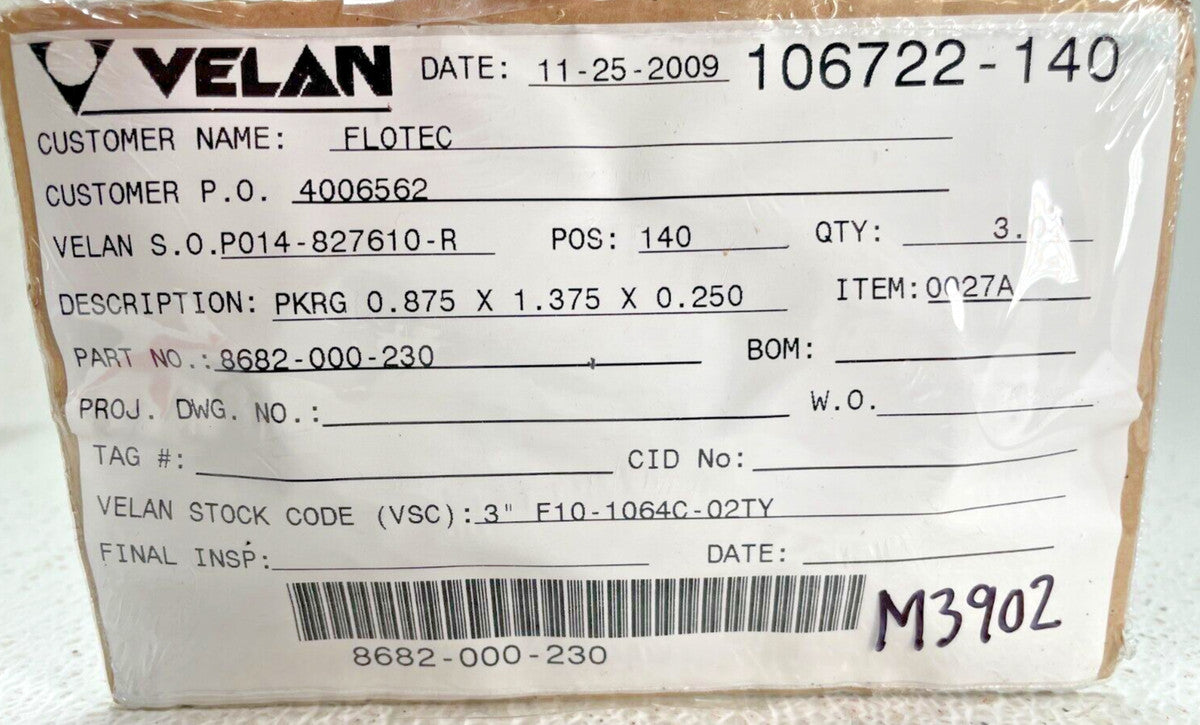 (3) VELAN 8682-000-230, PKRG 0.875 x 1.375 x 0.250, STK CODE 3" F10-1064C-02TY