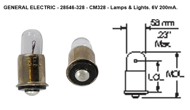 Lot of 5 - GENERAL ELECTRIC  28546-328 - CM328 Miniature Lamps  6V 200mA T 1 3/4