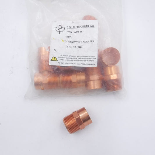 10 Pack Cello WP4-16 Copper Male Adapters 1" ID x 1" MPT Plumbing