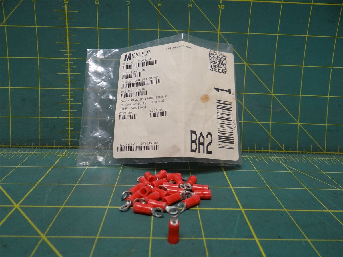(Qty: 21) TE Connectivity Ring Terminals 34142 Crimp Female Insulated # 6 Red