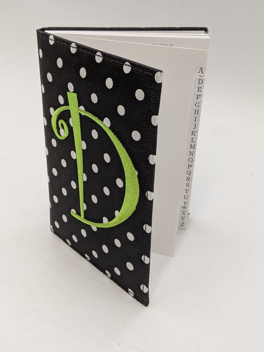 Green D Black Monogram Address Book Polka Dot Cloth Covered Embroidered 7x5"