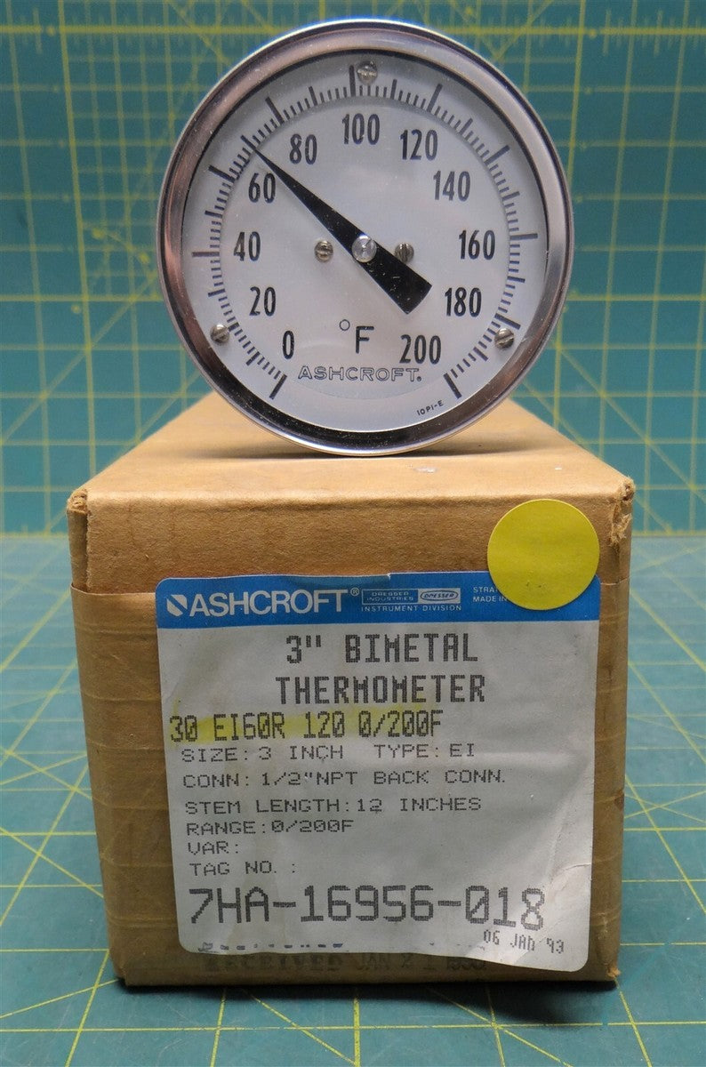 Ashcroft 3" Bimetal Thermometer 0/200°F 12" Stem 30-EI60R-120-0/200F 
