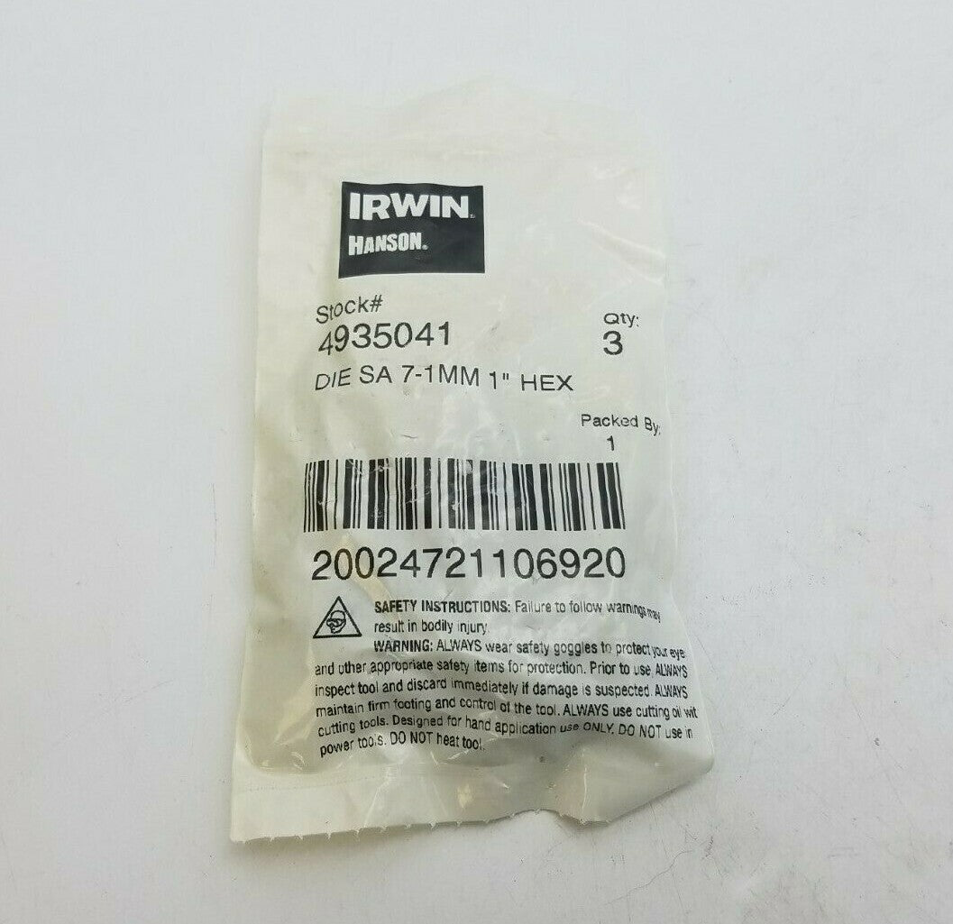 3 PC Irwin Hanson 4935041 Self Aligning Die 7mm-1.00 Metric HCS 1" Hexagon NOS