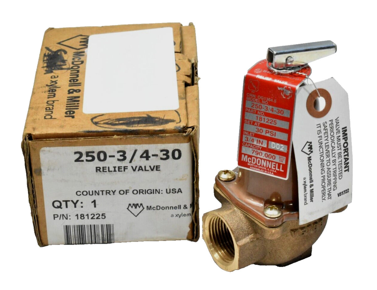McDonnell & Miller 250-3/4-30 ASME Relief Valve 3/4" NPT, 30 PSI (P/N: 181225)
