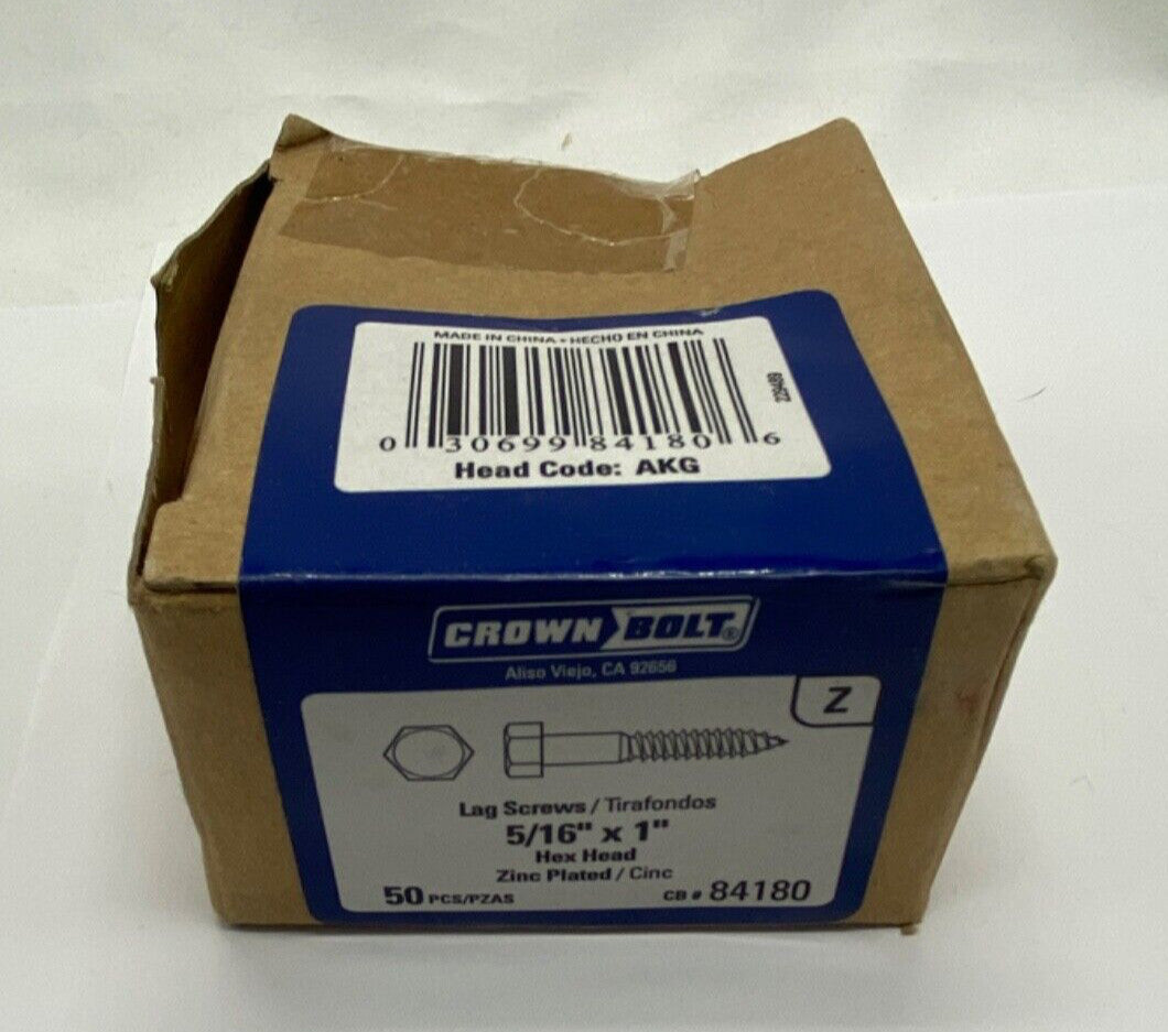 Crown Bolt #84180 hex head zinc plated lag bolt pack of 50, 5/16” x 1”