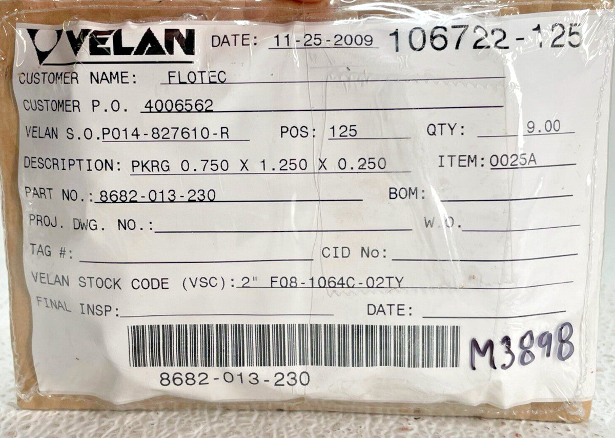 (9) VELAN 8682-013-230, PKRG 0.750 x 1.250 x 0.250, STK CODE 2" F08-1064C-02TY