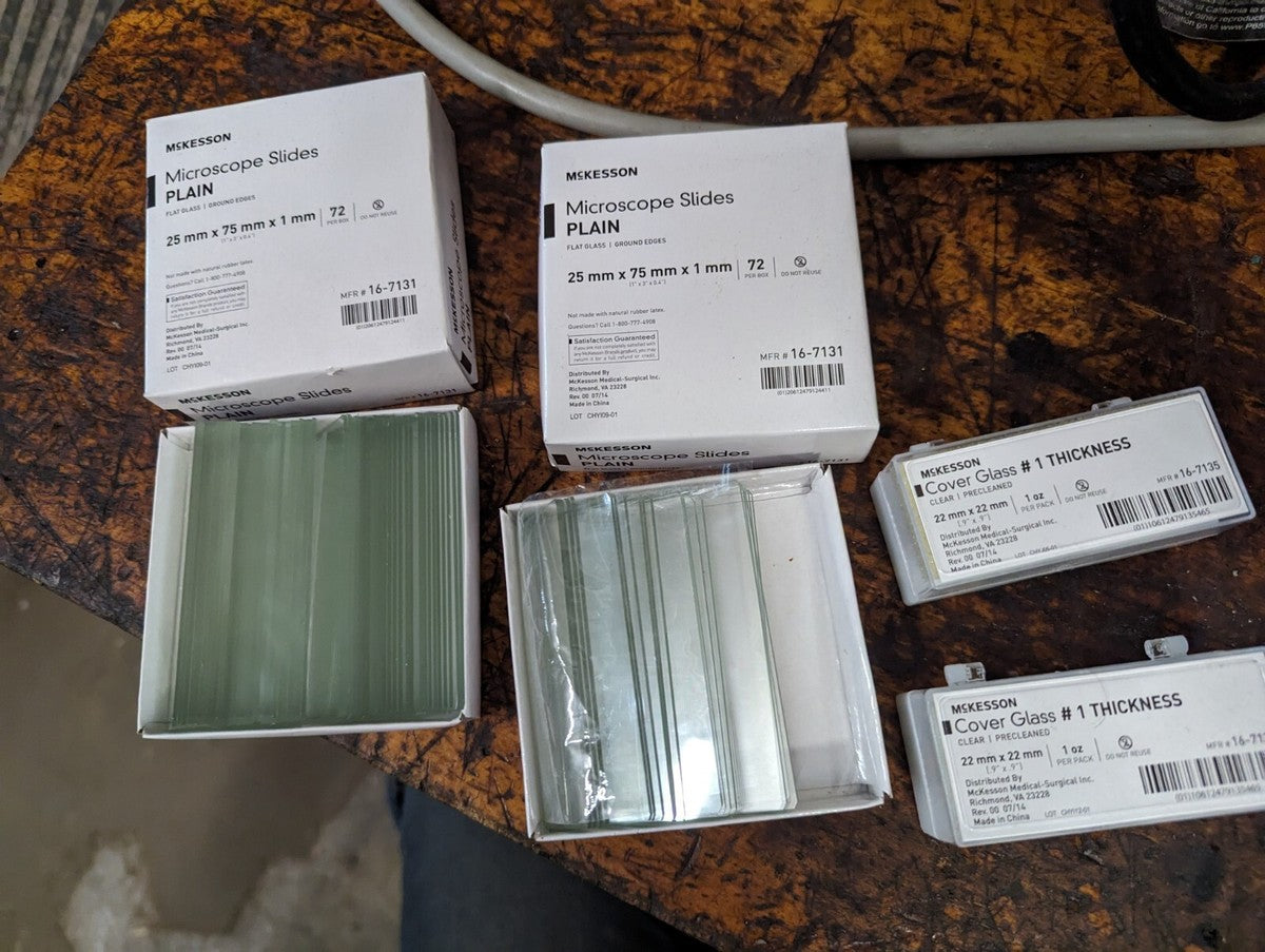 Lot of 2 Incomplete boxes of McKesson microscope slides, 25 mm x 75 mm, covers
