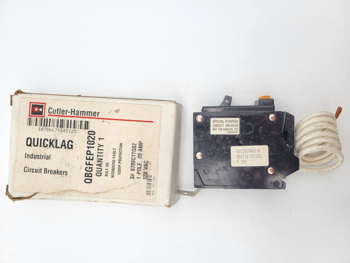 Cutler-Hammer QBGFEP1020 Circuit Breaker 20A 120VAC 1 Pole Shunt Trip Bolt On