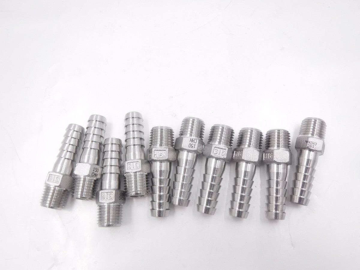 10 Pack 3/8"ID Barb x 1/4"MNPT 316 Stainless Steel Hose Barb Connectors