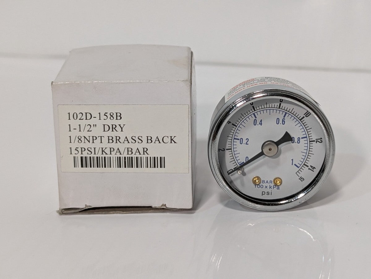 102D-158B Dry Pressure Gauge 1.5" 1/8" NPT Brass Back 15 PSI/KPA/BAR