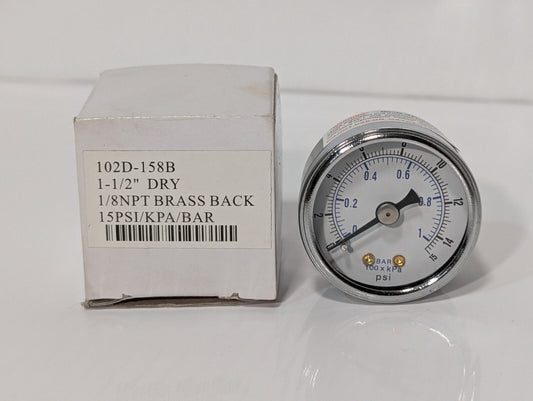 102D-158B Dry Pressure Gauge 1.5" 1/8" NPT Brass Back 15 PSI/KPA/BAR