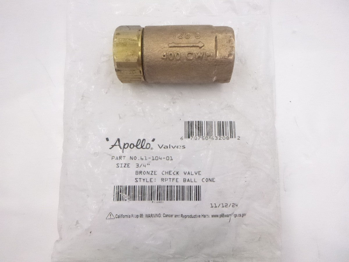 Apollo 3/4" Bronze Check Valve 61-104-01 Ball Cone 61-100 Series