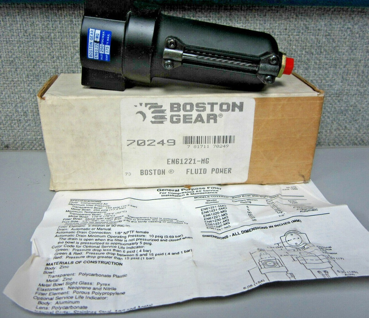 Boston Gear 70249, EN64241-MGG Pneumatic Pressure Regulator/ Filter "NEW"