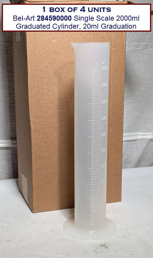 4 Pack Bel-Art 284590000 Single Scale 2000ml Graduated Cylinder, 20ml Grad.