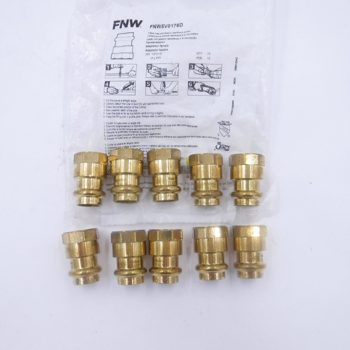 10 Pack FNW FNW5V0176D 1/2" Copper Press x FPT Brass Adapters