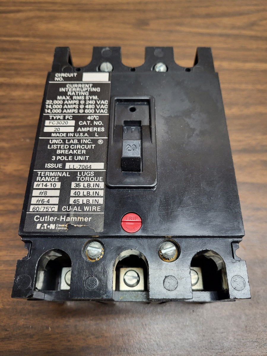 CUTLER HAMMER EATON FC3020 3 POLE 20 AMP 600 VOLT BREAKER