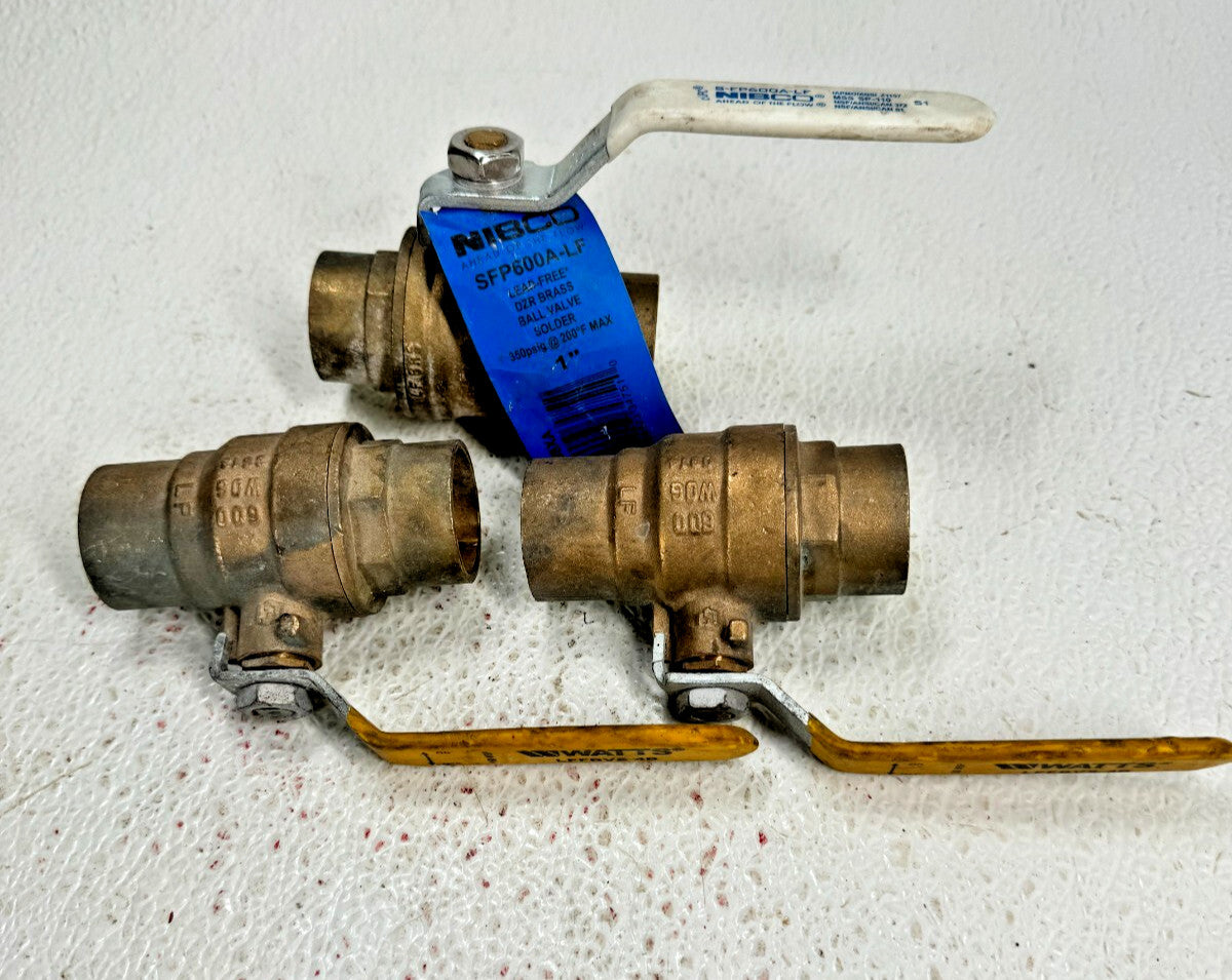 (LOT of 3) WATTS & NIBCO 1" CTS Solder Joint (Sweat) End Ball Valve, Lead Free