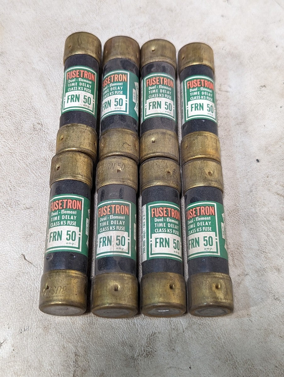 Lot of 8 Bussmann Fusetron FRN-50 fuses, 50A, 250VAC, class RK5, time delay, dua