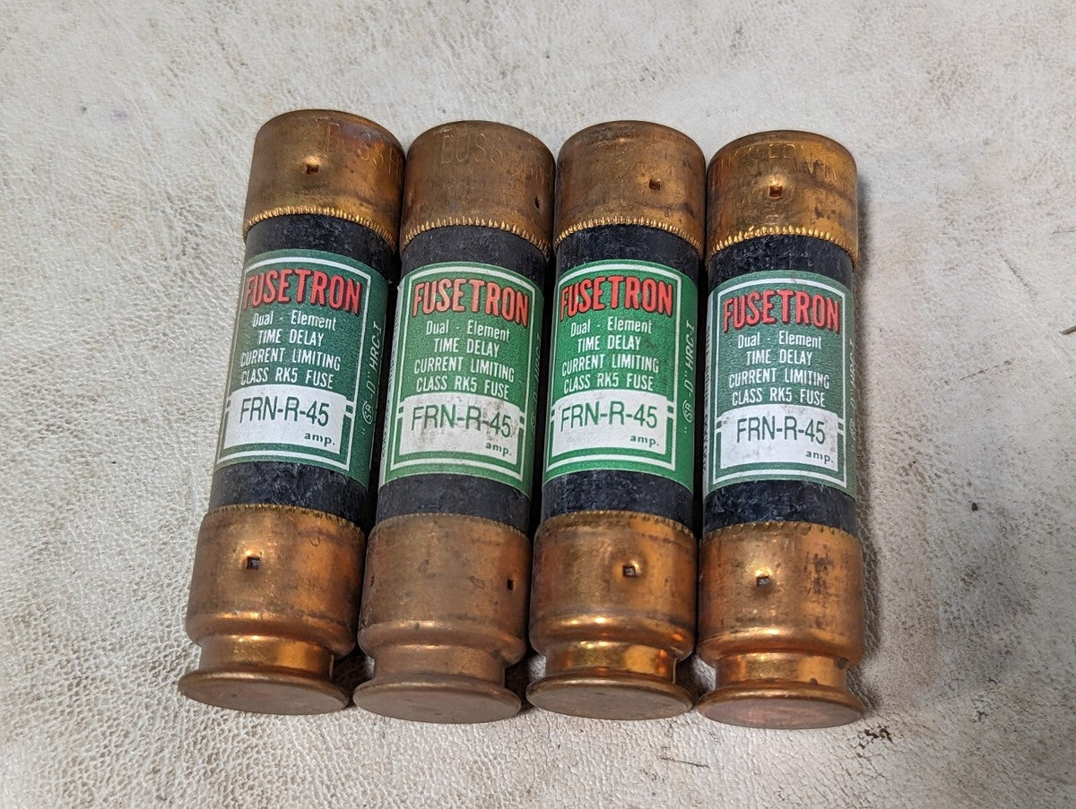 Lot of 4 Bussmann Fusetron FRN-R-45 fuses, 45A, 250VAC, class RK5, time delay