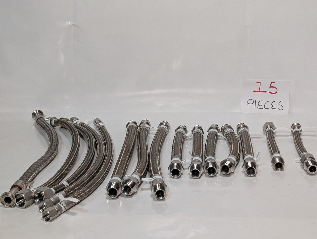 (15) Braided 316 Stainless Steel Flex Hoses, Assorted Lengths Sizes Ports