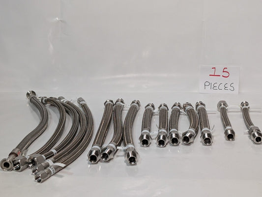 (15) Braided 316 Stainless Steel Flex Hoses, Assorted Lengths Sizes Ports