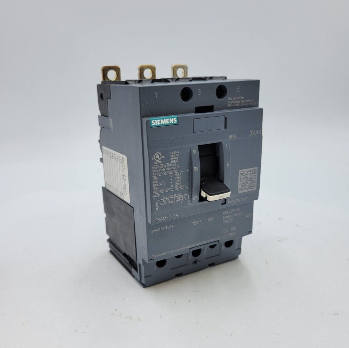 Siemens 3VA4170-6ED34-0AA0 Bolt-On Circuit Breaker 70A 480V 3P 3PH Frame 125H