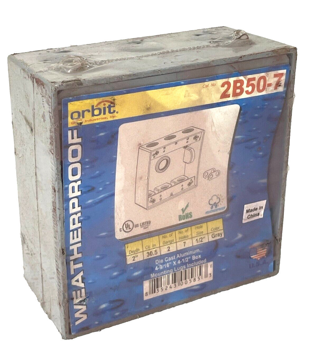 ORBIT 2B50-7 Weatherproof Electric Box 2-Gang, (7) 1/2" Holes, Gray