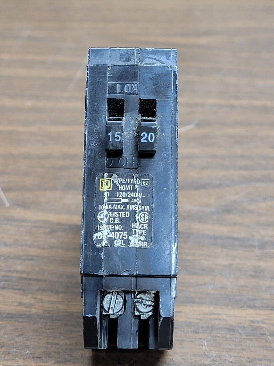 SQUARE D HOMT1520 ONE 15 AMP AND ONE 20 AMP TWIN TANDEM CIRCUIT BREAKER
