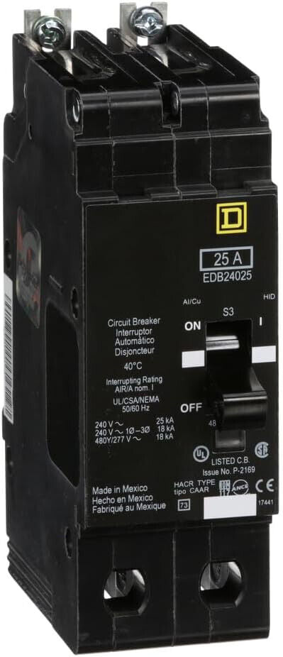 SQUARE D EDB24025 BREAKER BOLT IN 25AMP 2POLE 480Y/277VOLT AC NEW