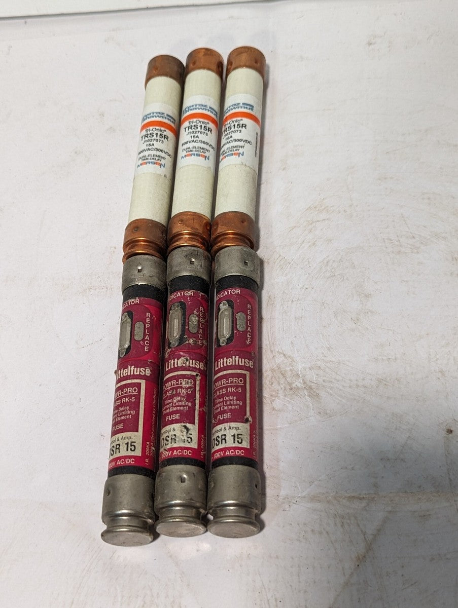 Lot of 3 Littelfuse IDSR15 fuses, 15A, 600VAC/DC, 3x Mersen TRS15R fuses, 15A, 6