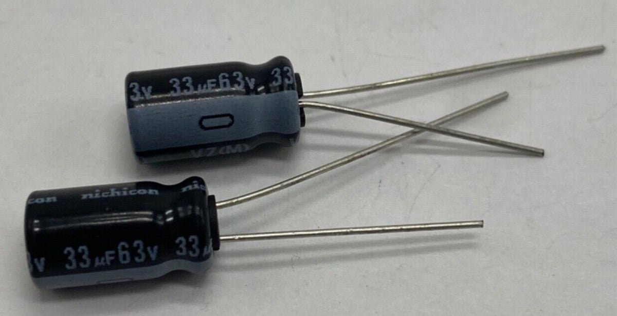 Pack of 2, Nichicon UVZ1J330MED electrolytic capacitor radial lead 33uf/63V