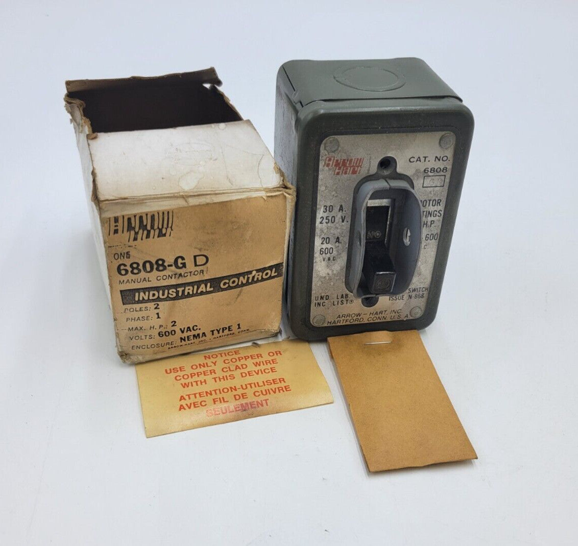 Arrow Hart 6808-G D Manual Contactor Snap Switch 20A 600V 2P 1PH 2HP NEMA Type 1