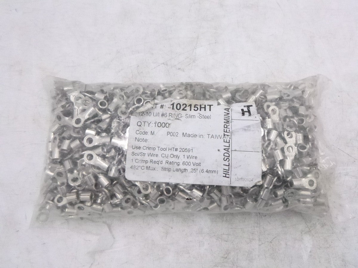 1000 Pack 12-10 AWG Non-Insulated #6 Stud Slim Ring Terminal  Butted Seam