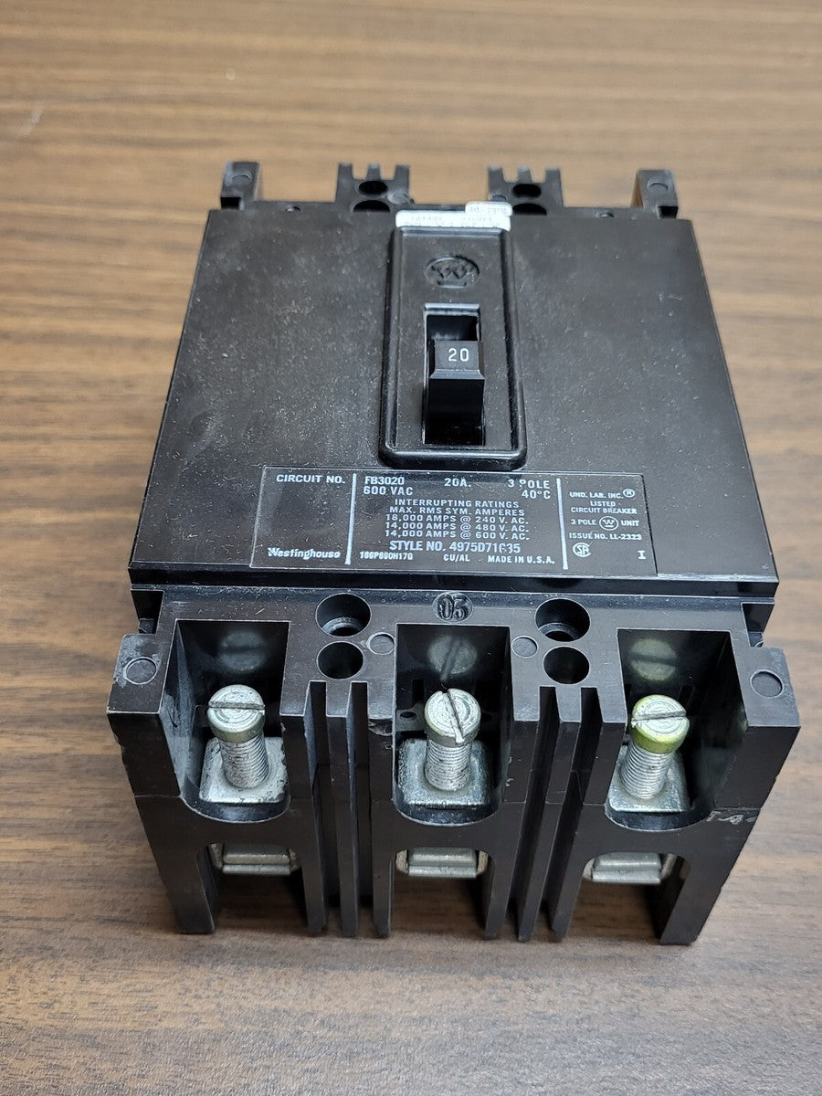 WESTINGHOUSE FB3020 600VAC 20A 3 POLE CIRCUIT BREAKER