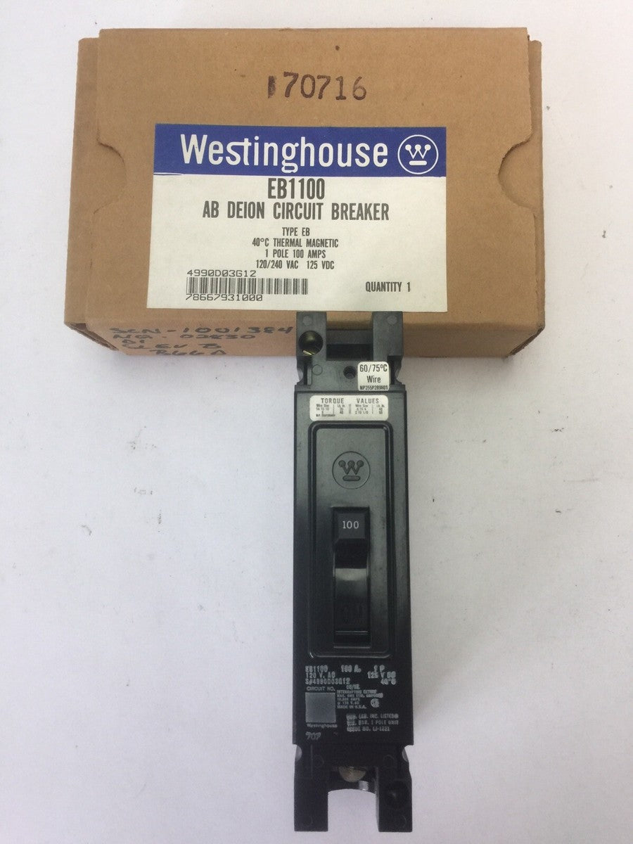 WESTINGHOUSE EB1100 CIRCUIT BREAKER 50AMP 1POLE 120/240VAC 125VDC 4990D03G12