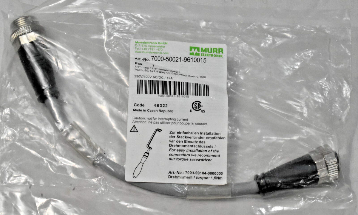 Murr 7000-50021-9610015 Connection Cable 7/8'' Male, 7/8'' Female, 5-Pole, 0.15m