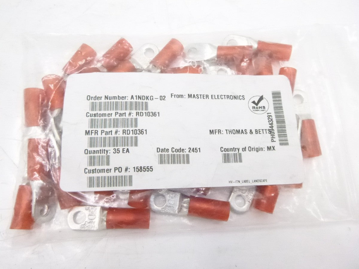 35 Pack Thomas & Betts Terminal Ring 6AN #10 Stud Insulated Red Nylon RD10361