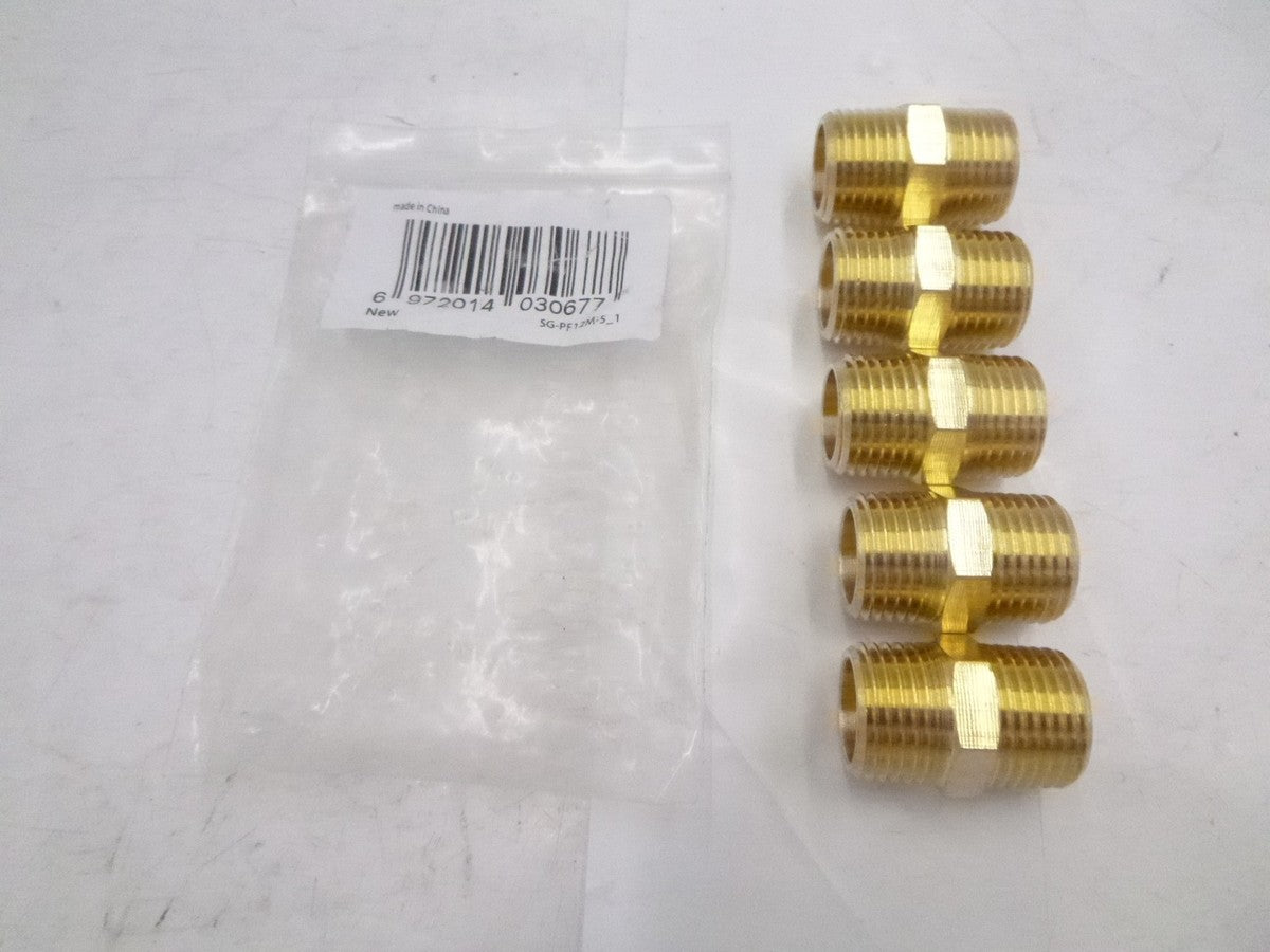 5 Pk Sungator 1/2"x 1/2" x 1.3" L Pipe Hex Nipples SG-PF12M-5_1 Brass MNPT