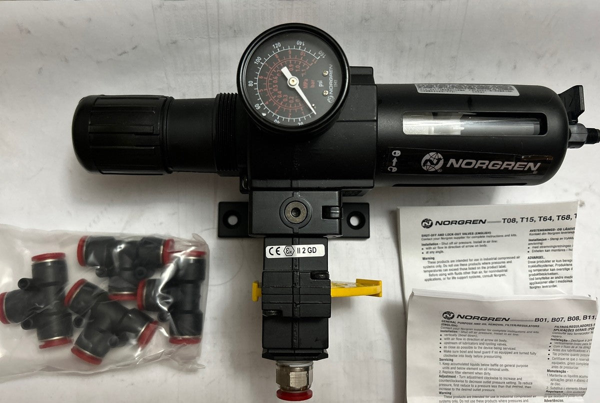NEW NORGREN B74G-4AK-QP3-RMG REGULATOR / FILTER + T74E-4AA-P1N Lockout Valve. BC