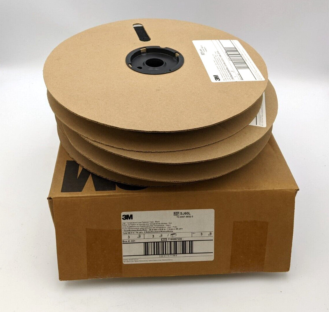 3 Rolls 3M SJ60L Loop Fastener Tape 1in x 25yd High Temperature Black Nylon NOS