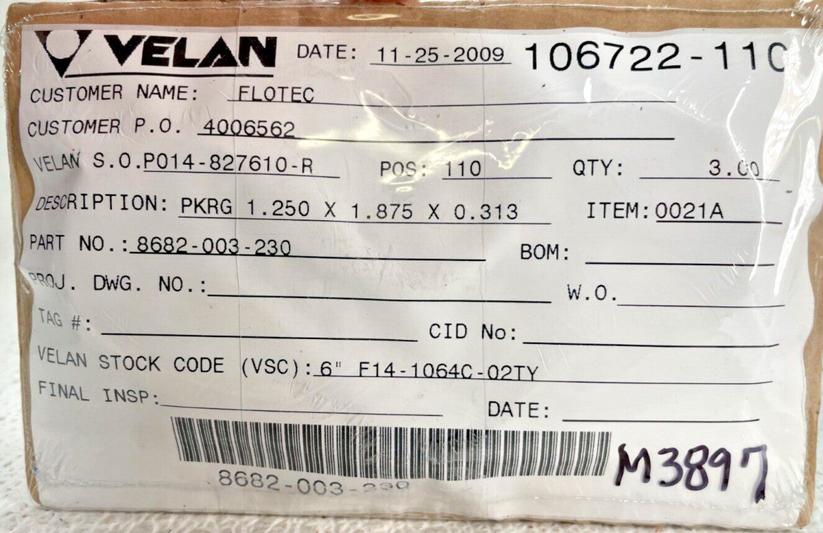 (3) VELAN 8682-003-230, PKRG 1.250 x 1.875 x 0.313, STK CODE 6" F14-1064C-02TY