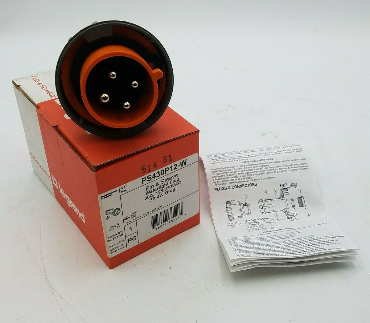 Legrand Pass Seymour PS430P12-W Pin Sleeve Watertight Plug 30A 125/250VAC 3P 4W