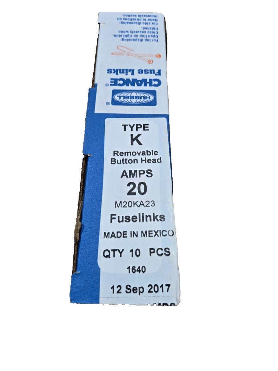 (10) NEW HUBBELL 20 AMP TYPE K FUSE LINK M20KA23 TYP K 20A REMOVABLE BUTTON HEAD