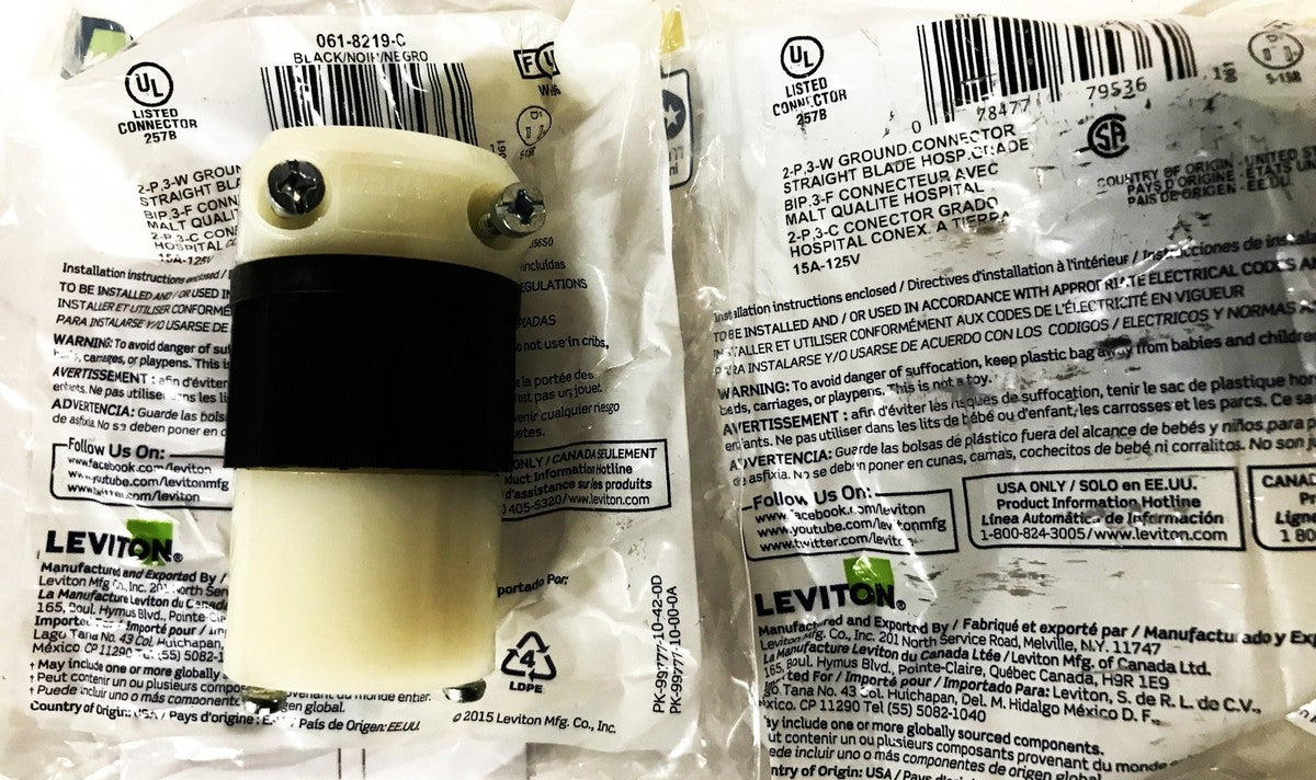 Leviton Black 2-Pole 3-Wire Female Connector 8219-C [Lot of 2] NOS