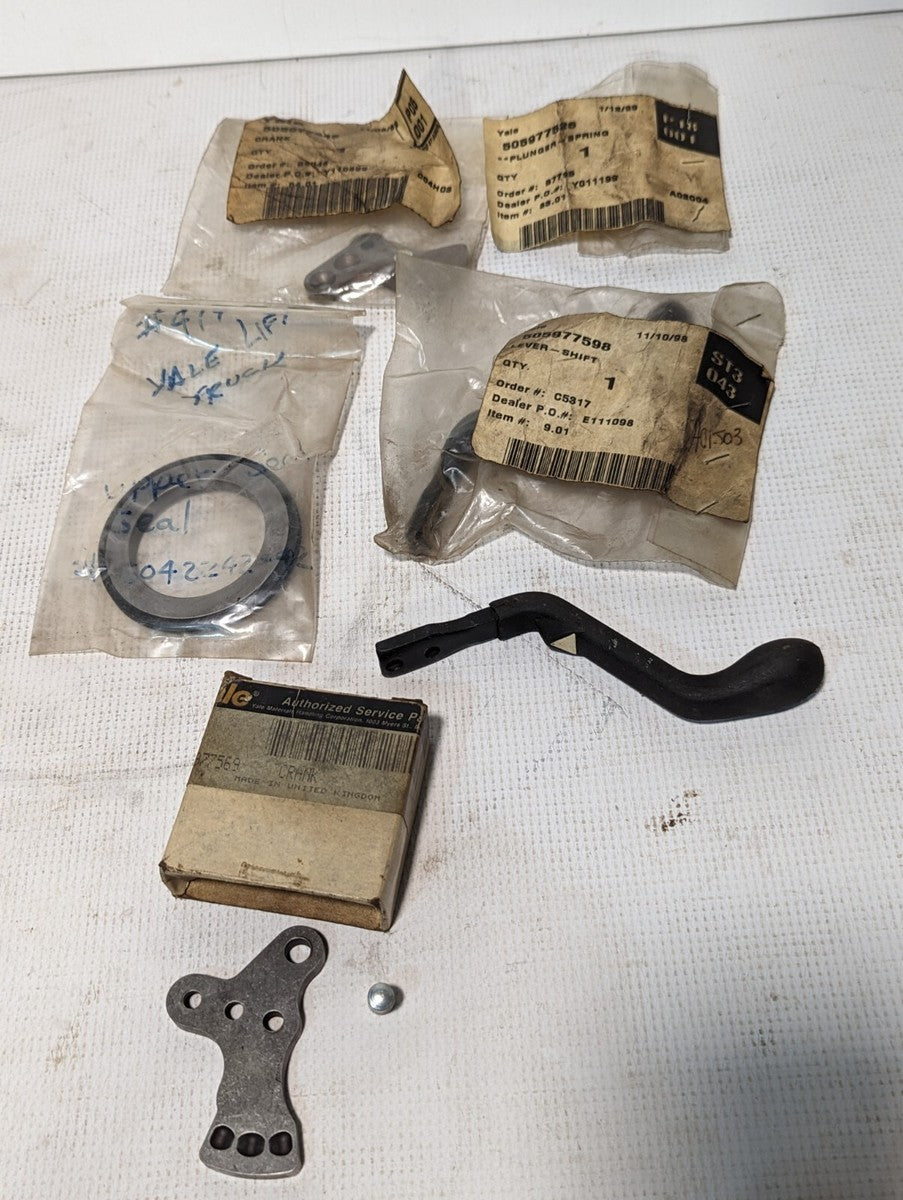 Lot of 6 Yale forklift parts: crank, plunger-spring, lever-shift, seal as shown