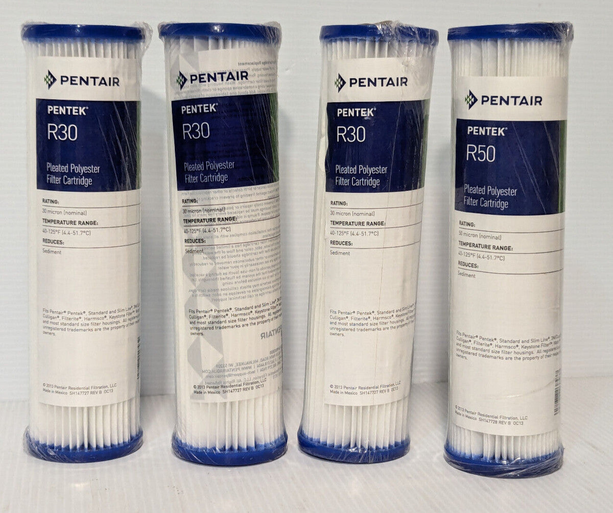 Lot of 4: Asstd. Pentair Pentek R30, R50 Pleated Filter Cartridges, 30-50 micron